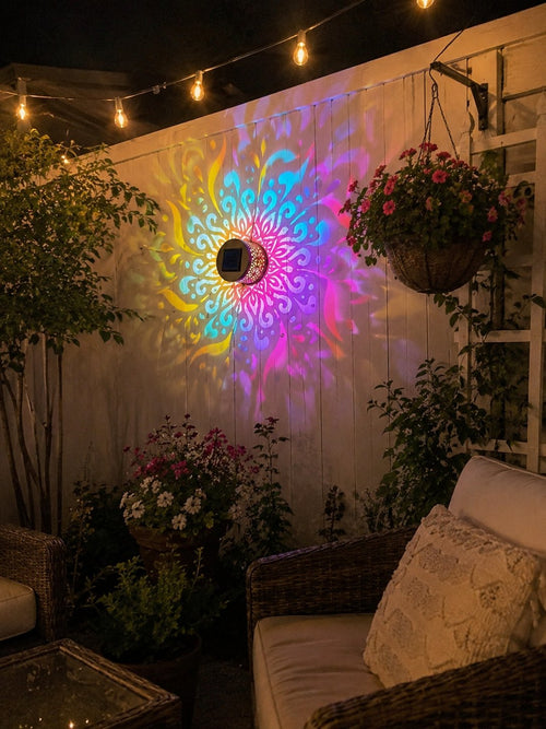 Colorful mandala projection on patio fence at night